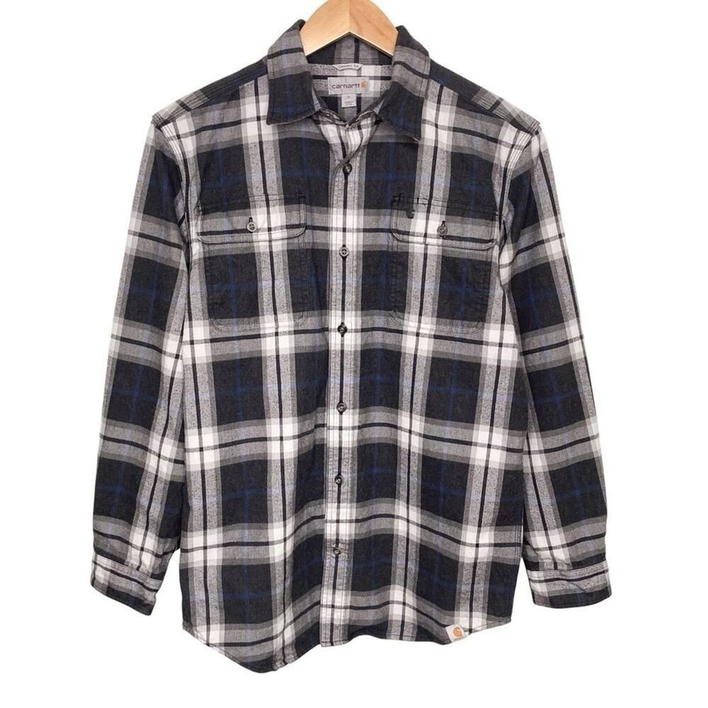 Carhartt Men Size Medium Gray Blue Black Plaid Button Up Flannel Shirt Workwear